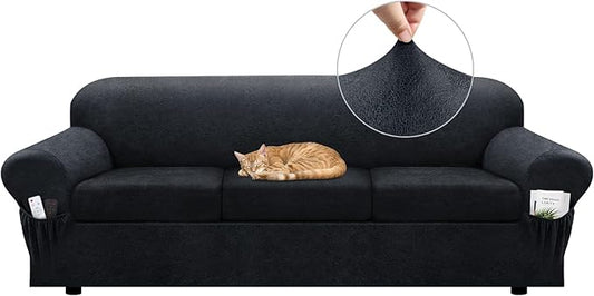 Sofa Slipcover with Armrest Pockets 4-Piece Set, Stretch Faux Leather Extra Large Couch Covers for 3-Cushion Couches(Fits 98-112") - Machine Washable, Pet & Kid Friendly - Dark Gray