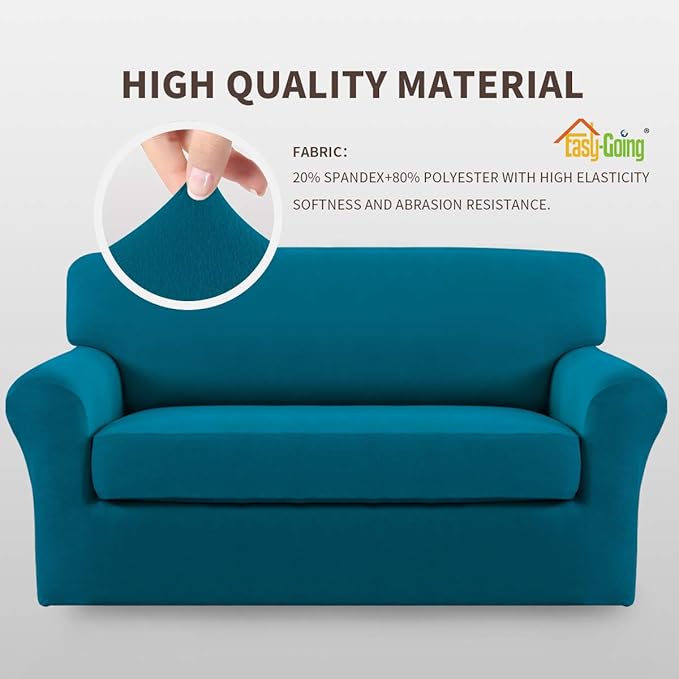 Easy-Going 2 Pieces Microfiber Stretch Sofa Slipcover – Spandex Soft Fitted Sofa Couch Cover, Washable Furniture Protector with Elastic Bottom Kids, Pet (Loveseat, Peacock Blue)