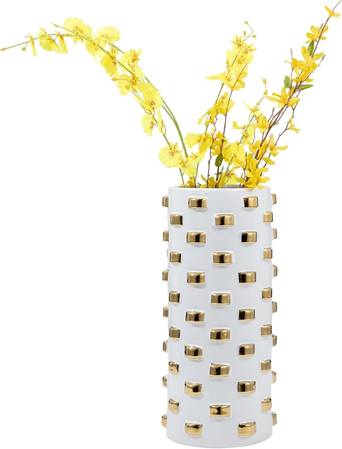 Modern Glam Stoneware Vase with Geometric Accents – Decorative Ceramic Flower Holder – Elegant Home Decor Accent for Living Room, Bedroom, Dining Room, or Office – 11", White and Gold