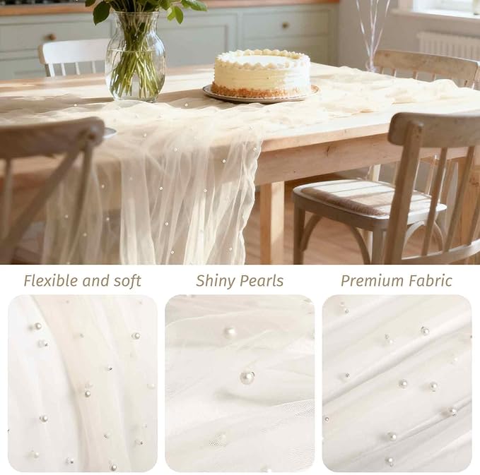 WELTRXE 6PCS Beige Pearl Table Runner 10ft, Boho Rustic Tulle Lace Table Runner 30x120 Inch for Wedding Decor Birthday Party Dining Table Cover, Champagne