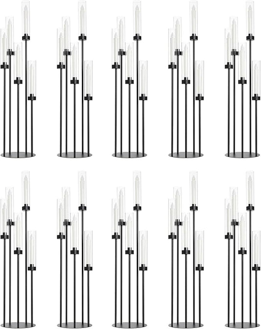 39.8''Matte Black Candle Holder with Acrylic Shades Tall 5 Arm Candelabra Black Table Centerpiece 10PCS for Wedding Living Dining Room Fireplace Decoration Fit 0.98''LED Taper Candle