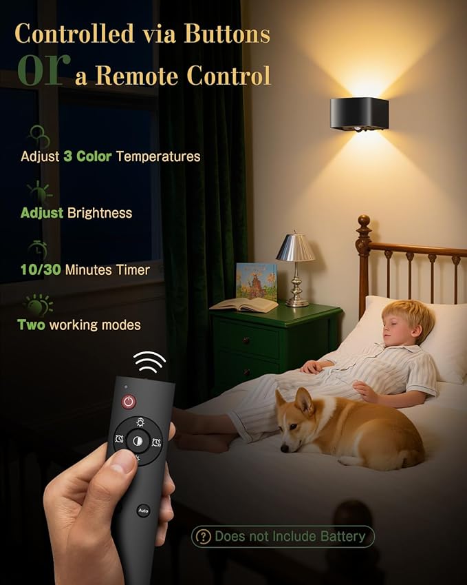 Wall Light Motion Sensor 2 Pack, Wall Sconces LED Indoor with Remote Control 3 Colors Brightness Adjustable 5000mAh Rechargeable Battery Powered Wall Lamps for Bedroom Living Room