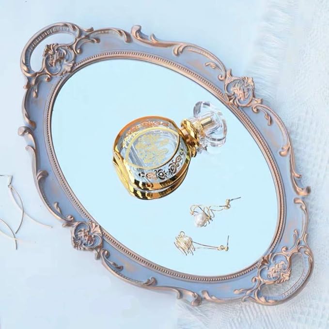 Oval Vintage Decorative Mirror Tray, Jewelry Dresser Organizer Tray, Cosmetics Makeup Storage Organizer, Serving Tray (9.8”x 14.6”) Gray