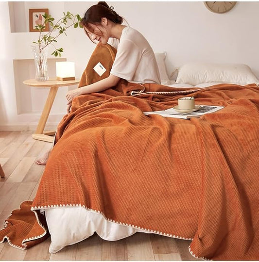 Luxury Softness Cozy Milk Flannel Velvet Waffle Weave Blanket, Pet Cat Feel, Nordic Modern Aetec Style, Lightweight Warm Plush Bed Twin Blanket Couch Sofa Travel Picnics, Burnt Orange 60"x80"