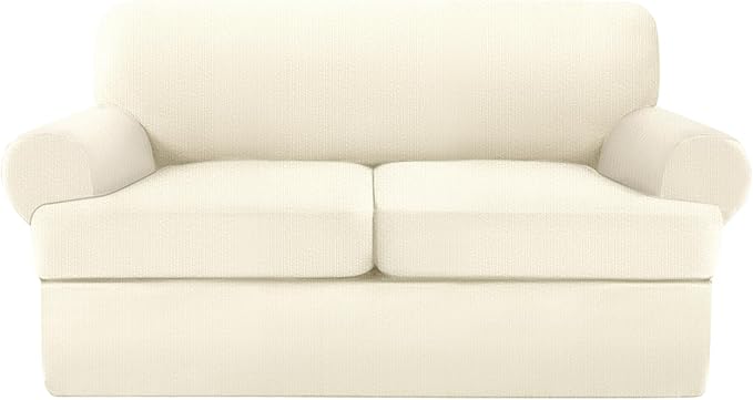 T Cushion Loveseat Slipcover 3 Pieces Sofa Covers for T Cushion Sofa Stretch Slip Covers for 2 Cushion Couch with 2 Individual T Shape Seat Covers (Light Yellow, 2 Cushion)