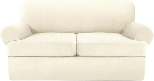 T Cushion Loveseat Slipcover 3 Pieces Sofa Covers for T Cushion Sofa Stretch Slip Covers for 2 Cushion Couch with 2 Individual T Shape Seat Covers (Light Yellow, 2 Cushion)