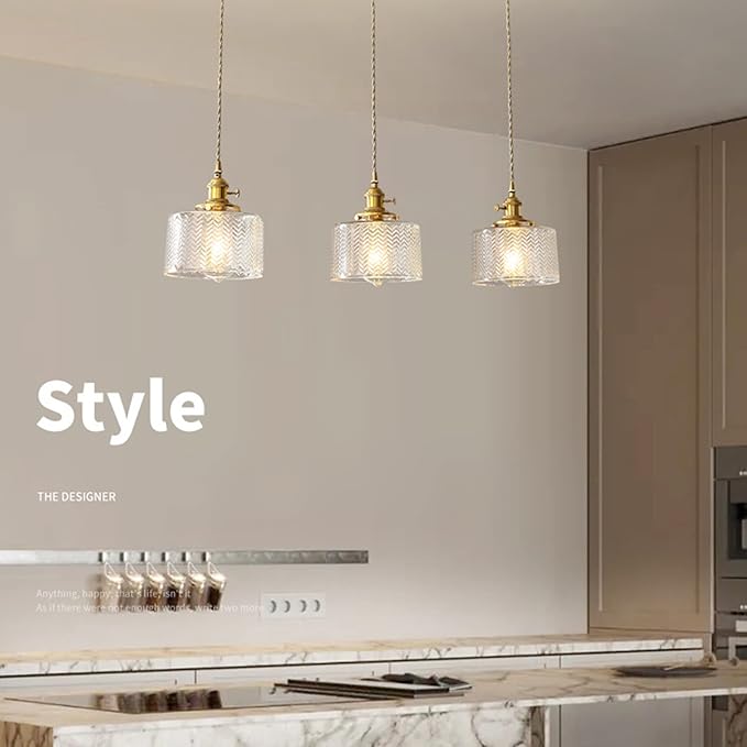 Vintage Pendant Light Fixtures, Brass Socket with ON/Off Switch and Green Glass Lamp Shade Pendant Light for Kitchen Island Farmhouse Living Room (Transparent,Scaly)
