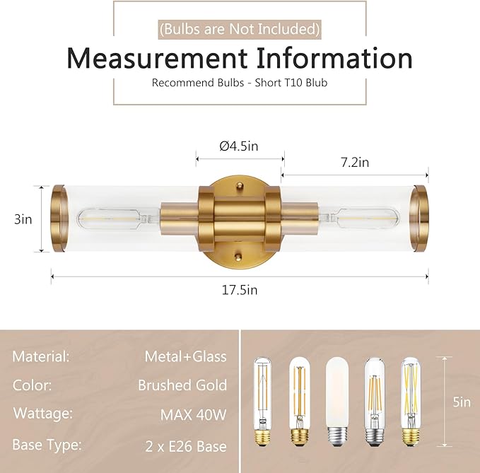 17.5 inch Gold Wall Sconces, Modern Wall Sconces Lighting with Clear Glass Shade, 2-Light Gold Vanity Light Wall Lamp for Mirror Bathroom Kitchen Living Room