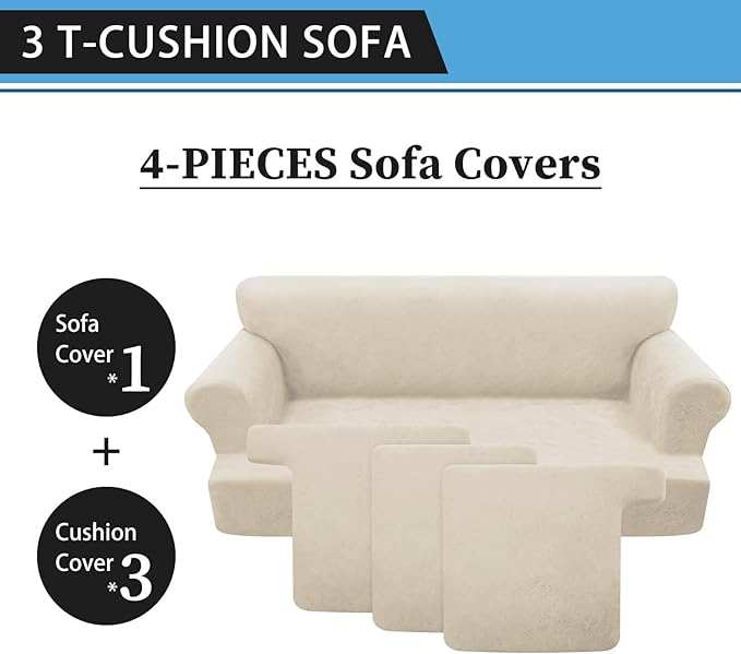 4-Pieces T Cushion Sofa Slipcovers Leather Look Couch Cover for 3 Cushion Couch Furniture Protector Stretch Sofa Cover with 3 Individual T Cushion Seat Covers Washable, Ivory