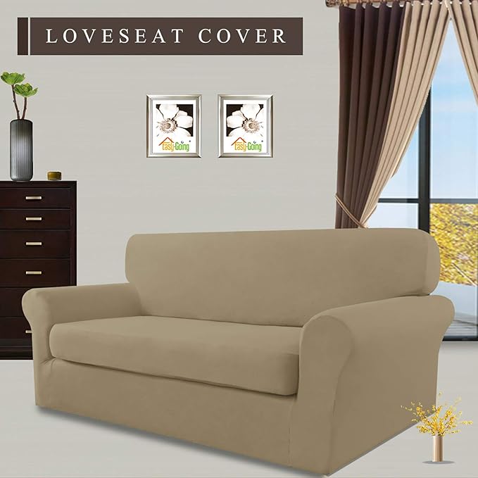 Easy-Going 2 Pieces Microfiber Stretch Sofa Slipcover Spandex Soft Fitted Sofa Couch Cover, Washable Furniture Protector with Elastic Bottom Kids, Pet (Medium, Tan)