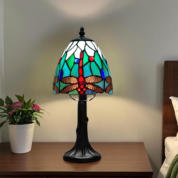 Tiffany Style Table Lamp - Dragonfly Stained Glass Lamps 6 Inch Small Tiffany Lamp Bedside Desk Lamps for Bedroom Living Room Home Office, Desk Reading Light Includes LED Bulb