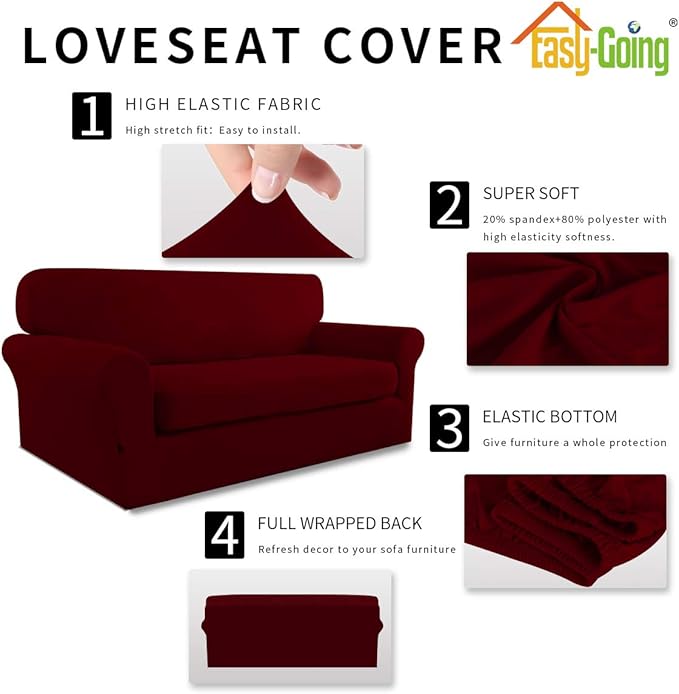 Easy-Going 2 Pieces Microfiber Stretch Sofa Slipcover – Spandex Soft Fitted Sofa Couch Cover, Washable Furniture Protector with Elastic Bottom Kids, Pet (Loveseat, Wine