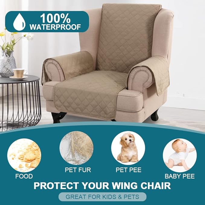 Turquoize 100% Waterproof Wing Chair Cover Wing Armchair Slipcovers Chair Couch Protector Triple Non-Slip Sofa Slipcover for Wing Chair Furniture Protector for Pets, Kids,Dog (Wing Chair, Khaki)