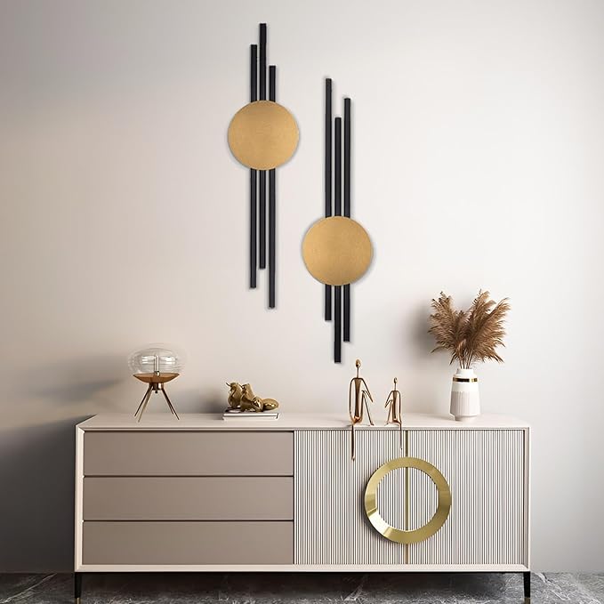 ARTEPERA Antique Lines Metal Wall Art Set of 2 - Modern & Unique Wall Decor, Metal Wall Sculpture for Living Room, Bedroom, Office - Vertical Geometric Wall Decor (Black - Gold, 33" x 9.4")