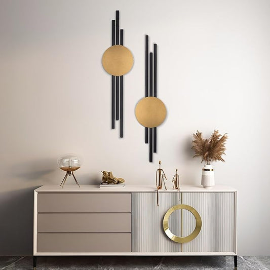 ARTEPERA Antique Lines Metal Wall Art Set of 2 - Modern & Unique Wall Decor, Metal Wall Sculpture for Living Room, Bedroom, Office - Vertical Geometric Wall Decor (Black - Gold, 33" x 9.4")