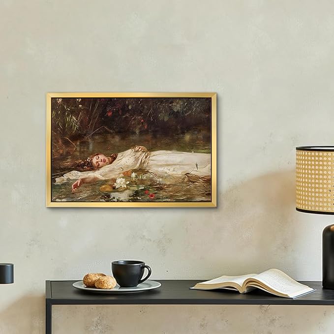 AIMAILON Vintage Gold Canvas Wall Art Framed Decor for Study Room Bedroom Classical Relaxing Young Lady Picture Victorian Summer Pond Lotus Background Artwork Desktop Home Decoration 16x24