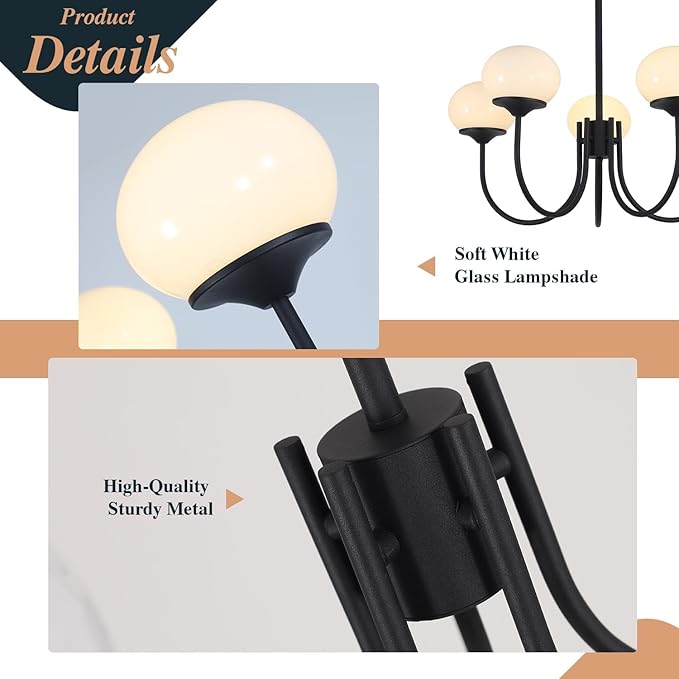 BOKT 5 Lights Mid Century Chandelier Light Fixture Black Sputnik Pendant Lights Milk Glass Globe Chandelier Adjustable Modern Farmhouse Dining Room Sputnik Kitchen Island Lighting BPL01-BK-5