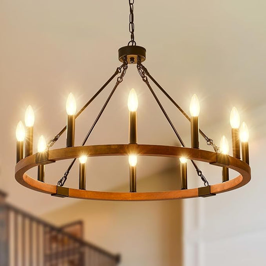 32'' Solid Wood Wagon Wheel Chandelier, 12-Light Farmhouse Chandeliers for Dining Room, Round Rustic Light Fixtures for Foyer Living Room Kitchen Island Entryway, E12