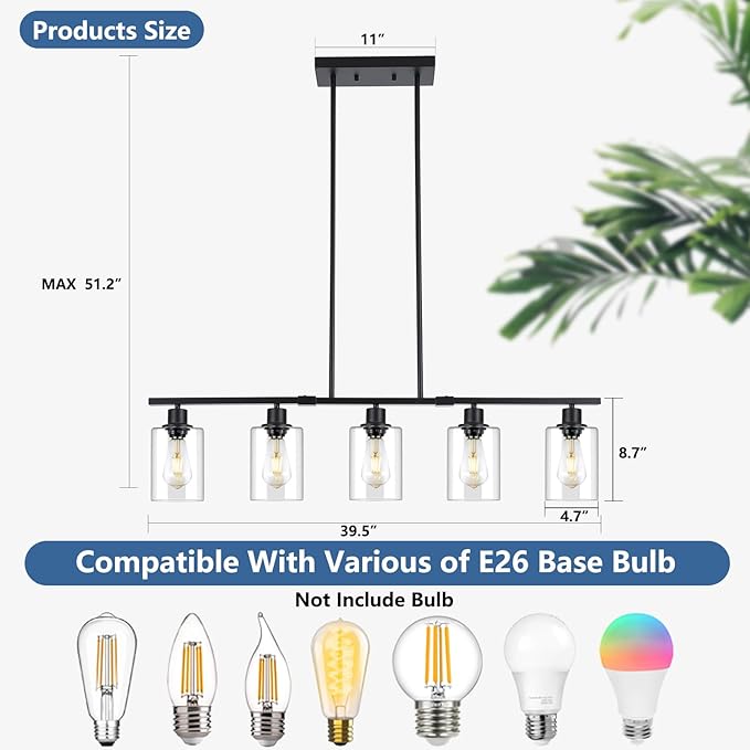 39.4" Kitchen Island Lighting, 5 Lights Clear Glass Pendant Light Fixtue, Black Linear Metal Chandelier for Dining&Living Room Foyer,Height Adjustable,E26 Socket
