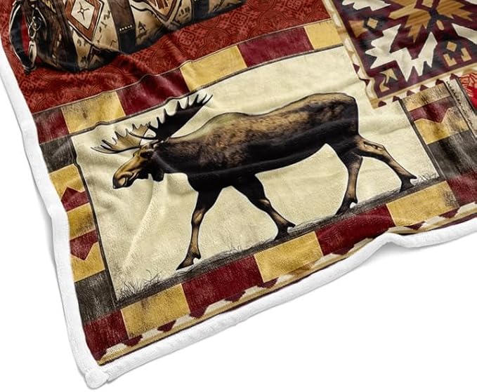 Rustic Cabin Throw Blankets, Farmhouse Country Vintage Bear Moose Wood Cozy Warm Bed Couch Blanket, Hunting Camping Forest White Fleece Flannel Throws to Decorate The Room and Bedroom