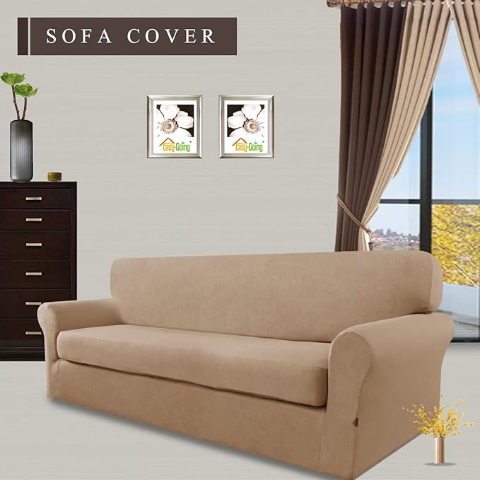 Easy-Going 2 Pieces Microfiber Stretch Sofa Slipcover – Spandex Soft Fitted Sofa Couch Cover, Washable Furniture Protector with Elastic Bottom Kids,Pet (Sofa, Camel