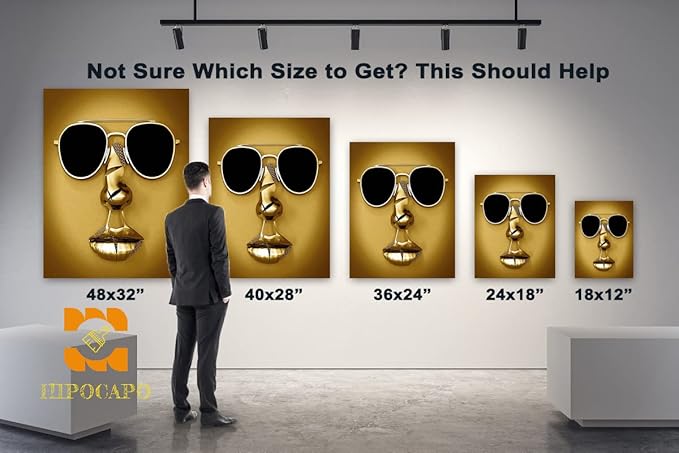 3D Metal Effect Wall Art - 3D Wall Art Decor Artwork Wear Sunglasses Golden Figure Statue Modern Art Canvas Painting, Large Wall Art for Bedroom Dercorations Framed 18”x24”x1Pcs