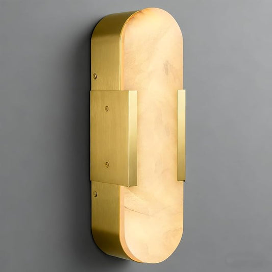 Alabaster Wall Sconce 13.8in Natural Spanish Marble Wall Sconces, Dimmble Gold Modern Bathroom Sconces Vanity Lighting, Antique Brass Sconce Wall Lighting for Living Room, Bedroom, Hallway, Stairs