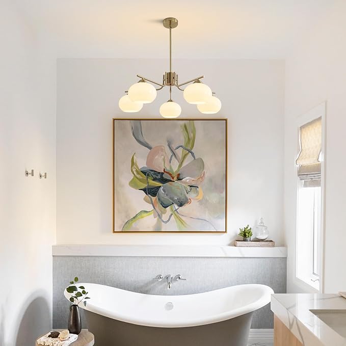 KCO Lighting 5-Light Globe Flush Mount Sputnik Chandelier Modern Brass Gold Pendant Lighting Fixture Milk Glass Ball Kitchen Island Chandelier Dining Room Light Fixture