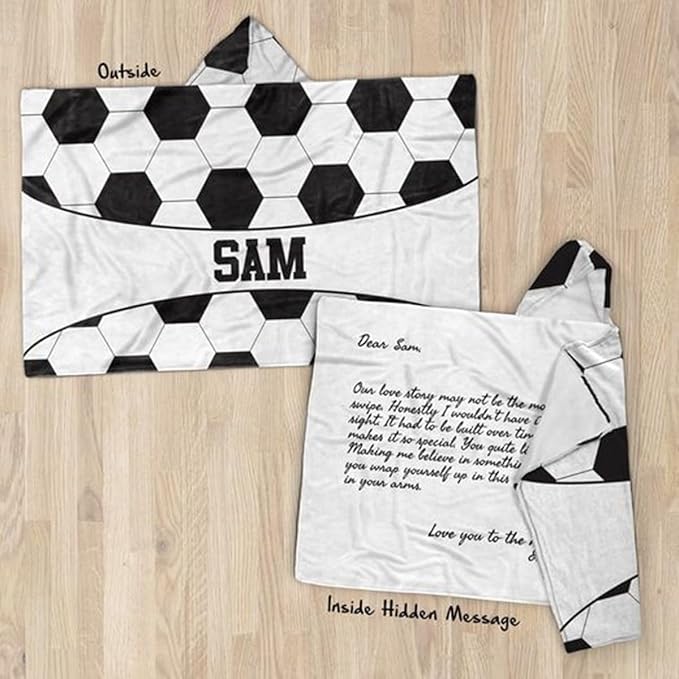 Personalized Soccer Ball Hooded Blanket Custom Hooded Fleece Blanket with Name Soccer Ball Wearable Throw Blanket University Team Blanket Gift for Sports Fans Kids Women Adult Graduation