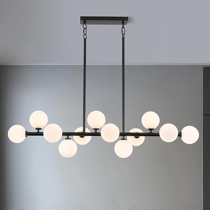 50 Inch Large Globe Sputnik Chandelier, 12-Light Mid Century Modern Light Fixture Over Table, Black Linear Chandeliers for Dining Room Kitchen Island Living (Milk White Glass Bubble Shades)