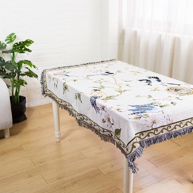 VClife Boho Beige Jacquard Couch Cover Modern Floral Bird Cotton Linen Slipcover for 3-4 Cushion Couch Sofa, 1 PC Retro Vintage Flowers Furniture Protector Futon L Shape Sofa Cover for Sectional Sofa
