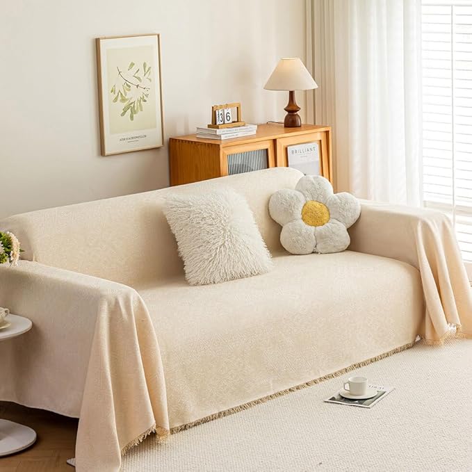 ROOMLIFE Boho Beige Couch Cover for Dogs, Washable Non Slip Furniture Protector Couch Sofa Covers for 3 Cushion Couch, Soft Breathable Sofa Slipcovers Couch Cover Throw Blanket with Tassels71''X134''