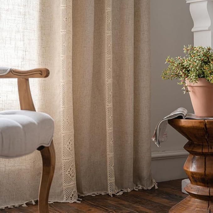 OYX Boho Curtains 63 Inch Length 2 Panels for Living Room, Bedroom Light Filtering Drapes, Farmhouse Vintage Country French Rustic Tassels Pattern Rod Pocket Aesthetic Decor Window Treatments