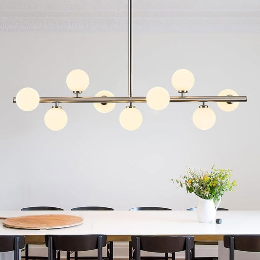 Mid Century Modern Globe Sputnik Chandelier, 9-Light Linear Chandeliers for Dining Room and Kitchen Island, Dining Light Fixture Over Table, Nickel and Milk White Glass Bubble, 40 Inch