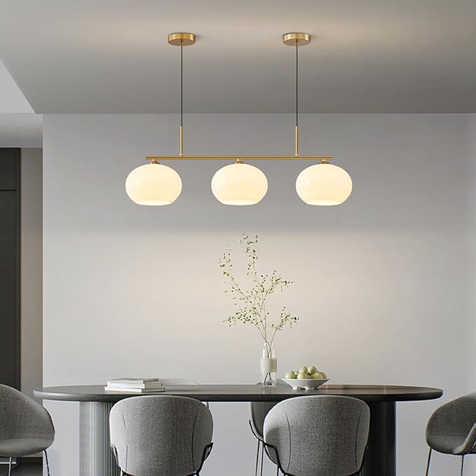 KCO Lighting 3 Light Linear Pendant Lighting Milk Glass Flush Mount Ceiling Light Brass Gold Chandelier Light Fixture Modern Globe Linear Chandelier Dining Room Dining Room Over Table