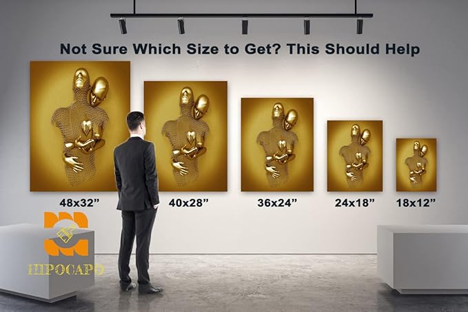 HIPOCAPO 3D Wall Art- Love Heart Metal Canvas Art, Gold Modern Abstract Hug Lovers Painting Picture Poster Prints for Bathroom, Romantic Couple Living Room Art Framed 12''x18''x1Pcs 3d Art-13