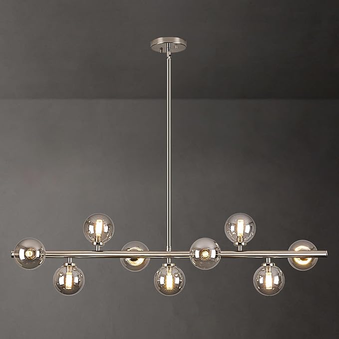 Mid Century Modern Globe Sputnik Chandelier, 9-Light Linear Chandeliers for Dining Room and Kitchen Island, Dining Light Fixture Over Table, Nickel and Smoke Grey Glass Bubble, 40 Inch