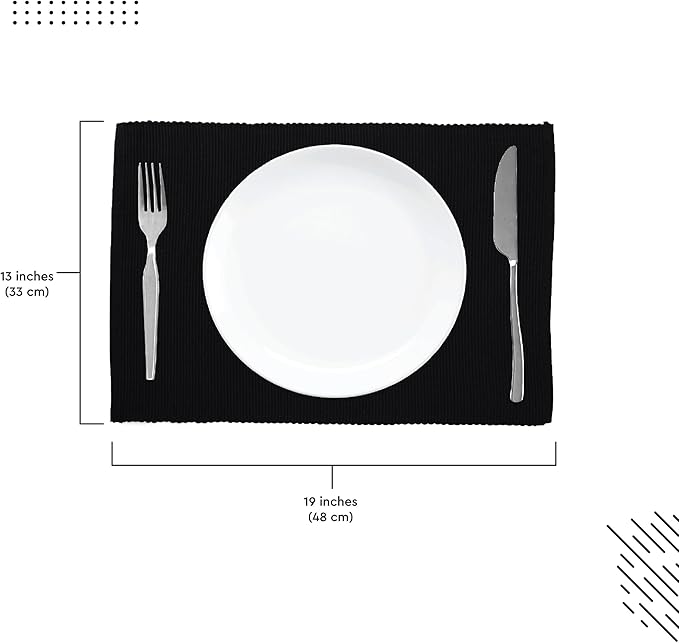 Encasa XO Dining Placemat Set of 6 | Solid Solid Black Color | Fine Ribbed Cotton Table mat | Size 19x13 in |for Dining Table Fall Decoration, Holiday & Christmas Festivals - Machine Washable