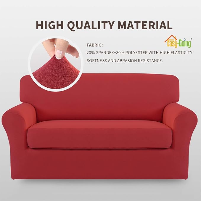 Easy-Going 2 Pieces Microfiber Stretch Sofa Slipcover – Spandex Soft Fitted Sofa Couch Cover, Washable Furniture Protector with Elastic Bottom Kids, Pet (Loveseat, Christmas Red)