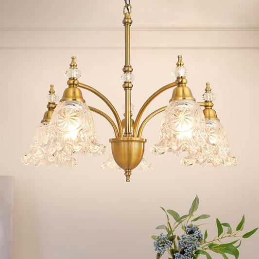 Vintage 5 Light Chandelier, Brass Dining Room Light Fixtures Over Table, Farmhouse Glass Chandelier Ceiling Light Fixture for Kitchen, Dinning, Foyer, Bathroom, Living Room