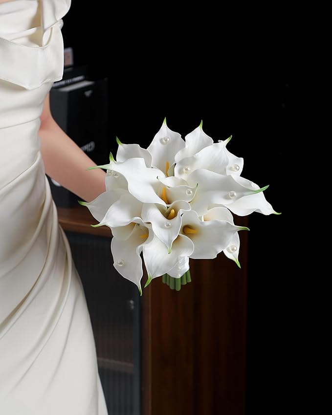 Round Bridal Bouquet:16 Stems White Calla Lily Pearl Bouquet EVA Real Touch-Wedding Bouquet for Bride/Bridesmaid