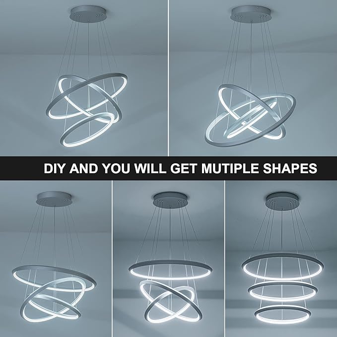 Modern LED Chandelier Room Decor 3 Ring Circular Chandelier Dimmable 23.6”Round Pendant Light Contemporary for Dining Living Room Foyer Bedroom 6000K Silver 5040lm