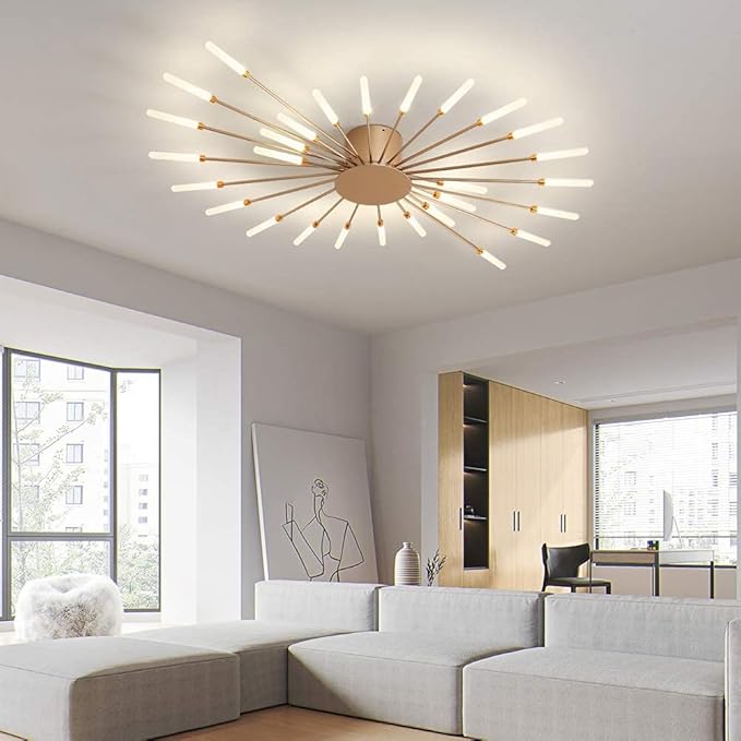 JAYMP Ceiling Light Modern Flower Shape Ceiling Lamp for Dining Room Kitchen Hallway Flush Mount Metal Acrylic Sputnik Firework Petal LED Lighting Fixture (Matte Gold, 28 Lights)