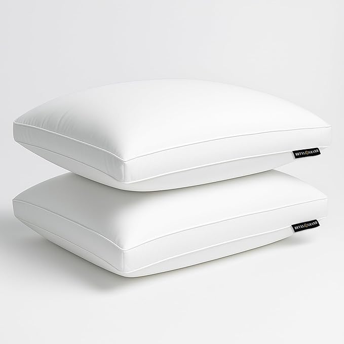 Hotel Grand Goose Feather Down Fiber Pillows Queen Size Set of 2, 100% Cotton Cover Hotel Collection Gusseted Bed Pillows for Back, Stomach or Side Sleepers, White