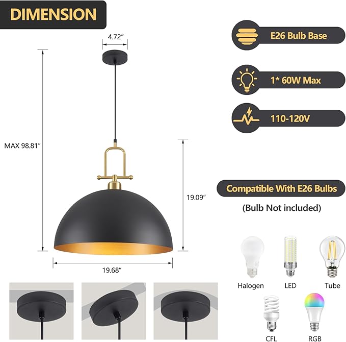 19.7" Large Dome Pendant Light - Black and Gold Pendant Light for Kitchen Island, Modern Industrial Lighting Fixtures for Dining Room, Foyer, Entryway, Hallway