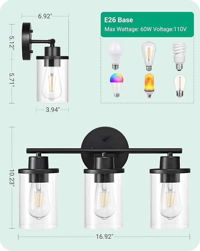 EDISHINE Bathroom Light Fixtures, 3 Light Bathroom Vanity Light, Matte Black Bathroom Lights Over Mirror with Clear Glass Shade for Bedroom Powder Room Vanity Table Kitchen (E26 Base)