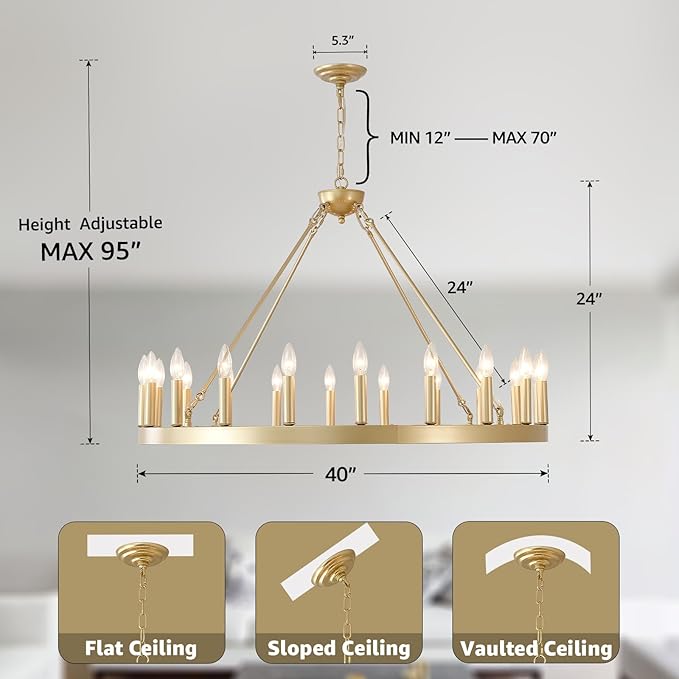 Gold Wagon Wheel Chandelier 40”, 20-Light Farmhouse Wagon Wheel Chandelier for Dining Room, Modern Round Iron Candle Chandeliers Light Fixture for Living Room, Foyer, Entryway, E12