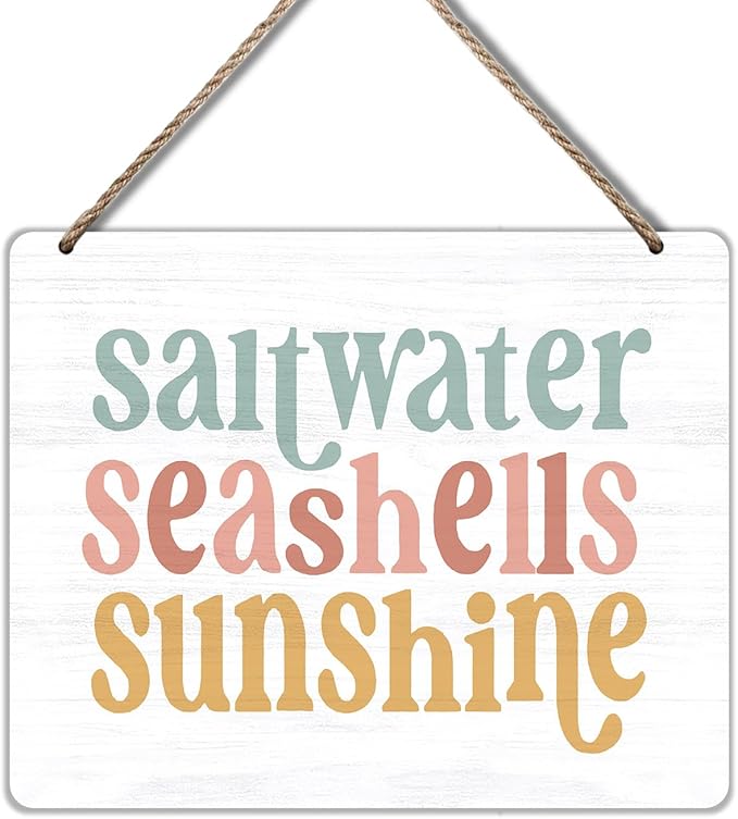 Udinaz Summer Coastal Beach Hanging Sign, Coastal Summer Beachy Wall Decor, Saltwater Seashells Sunshine Hanging Wood Plaque Decor for Home Room Bedroom Beach House Wall Door Decorations