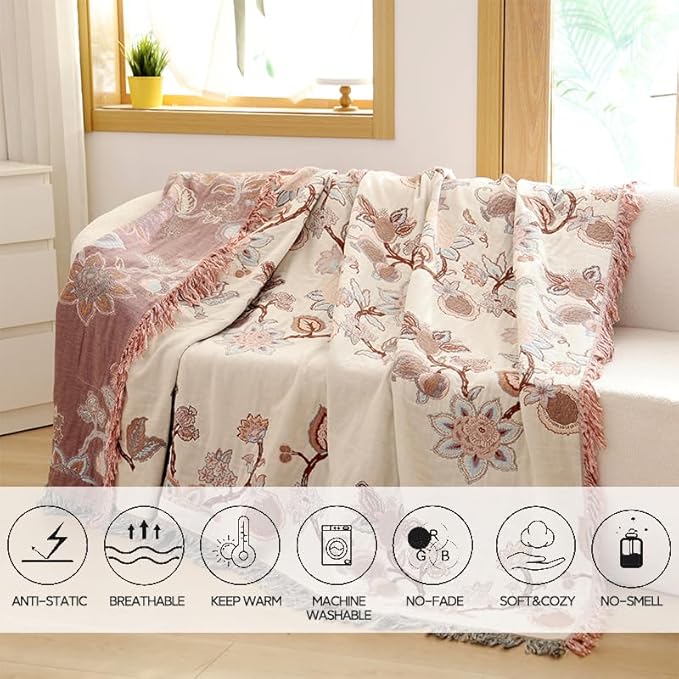 Boho Throw Blanket, 100% Cotton Ultra Soft Luxury Throw Rustic Quilt, Muslin Breathable Soft Bed Throw ，All Throw for Sofa Couch Chair 60×80 Inch