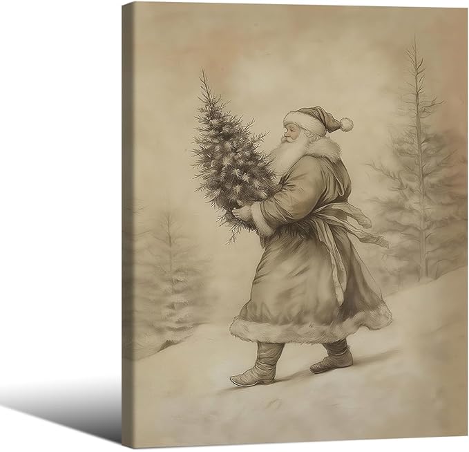 Santa Claus Sketch Poster Vintage Christmas Tree Wall Art 12x16 inch Framed Antique Winter Landscape Canvas Pictures Cozy Holiday Wall Decor